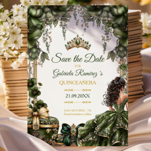 Green Golden Tiara Floral Quinceañera Save The Date
