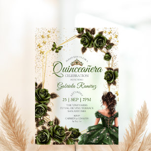 Green Golden Tiara Roses Butterfly Quinceañera Acrylic Invitations