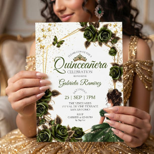 Green Golden Tiara Roses Butterfly Quinceañera Invitation