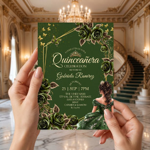 Green Golden Tiara Roses Butterfly Quinceañera Invitation