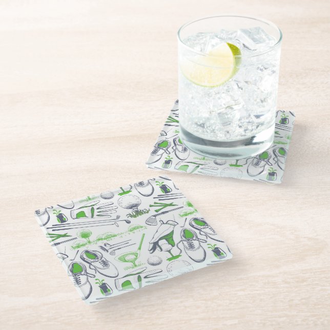 Green Golf Icons Pattern Glass Coaster (Angled)