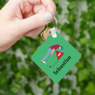 Green Golfer Putting Ball Square Keychain