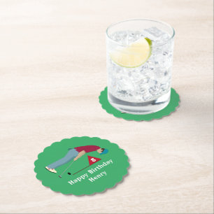 Green Golfer Putting Birthday  Paper Coaster