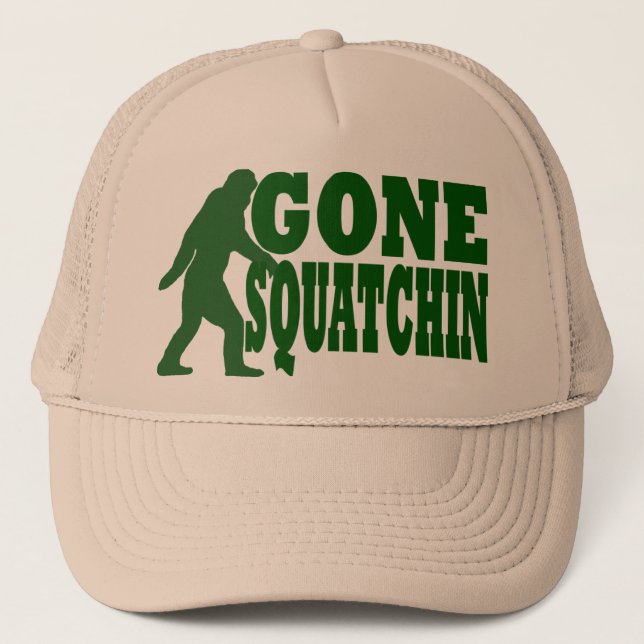 Green gone squatchin slogan text trucker hat (Front)