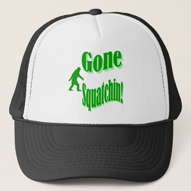 Green gone squatchin slogan text trucker hat (Front)
