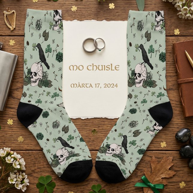 Green Goth Irish Skull & Rose Hand Drawn Socks (Irish hand-drawn floral skull green roses and clovers socks for st patrick's day or wedding gift)