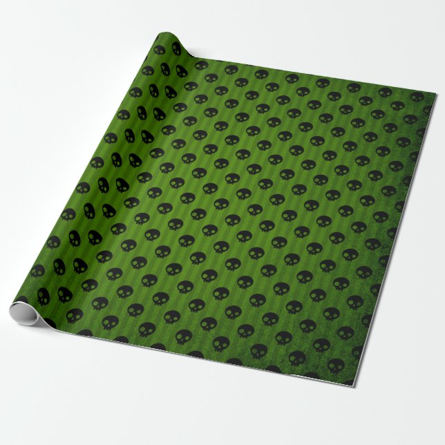 Green Gothic Skull Print Rustic Halloween Wrapping Paper (Unrolled)