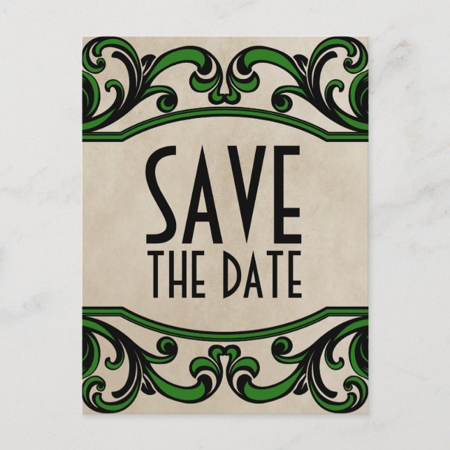 Green Gothic Swirls Enregistrer la date Carte post (Devant)