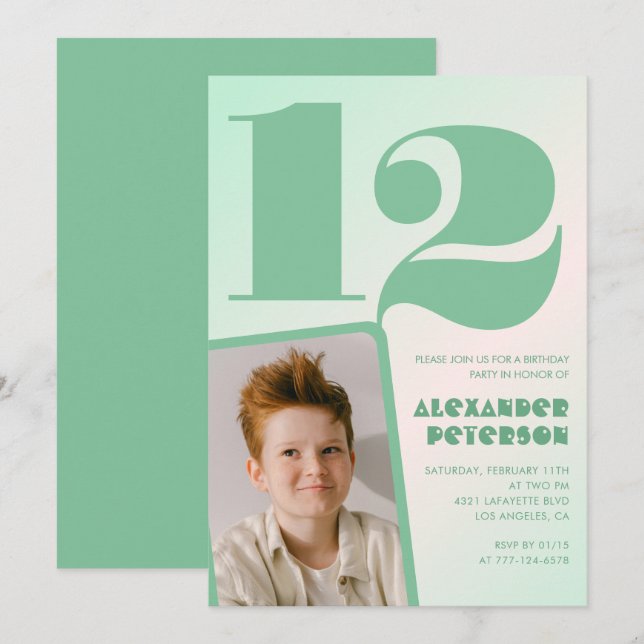 Green gradient 12th birthday invitations Boy Photo (Front/Back)
