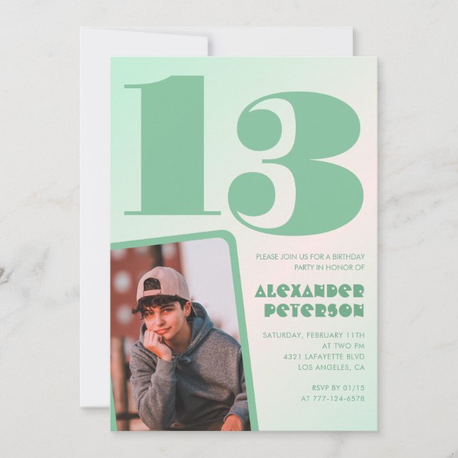 Green gradient 13th birthday invitations Boy Photo (Front)