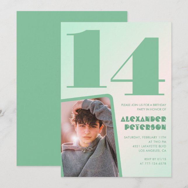 Green gradient 14th birthday invitations Boy Photo (Front/Back)
