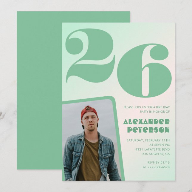 Green gradient 26th birthday invitations Boy Photo (Front/Back)
