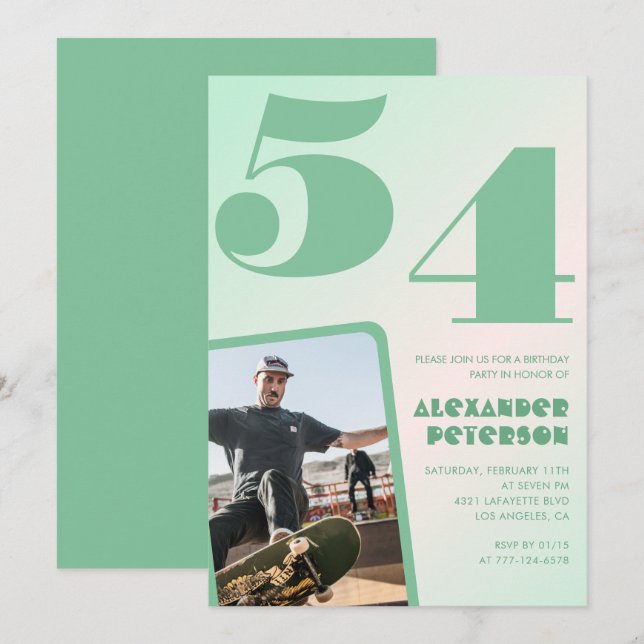 Green gradient 54th birthday invitations Boy Photo (Front/Back)