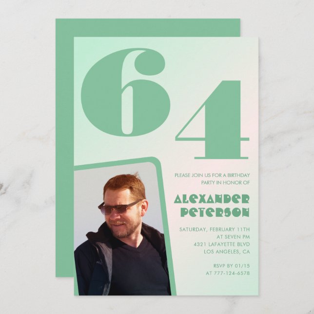 Green gradient 64th birthday invitations Boy Photo (Front/Back)