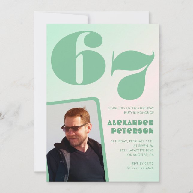 Green gradient 67th birthday invitations Boy Photo (Front)