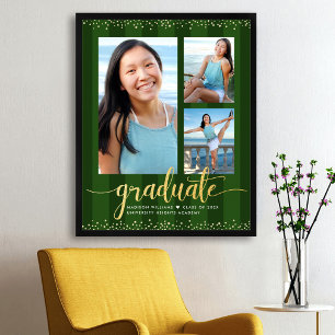 Green Graduate 3 Photo Stripes Gold Glitter Script Poster