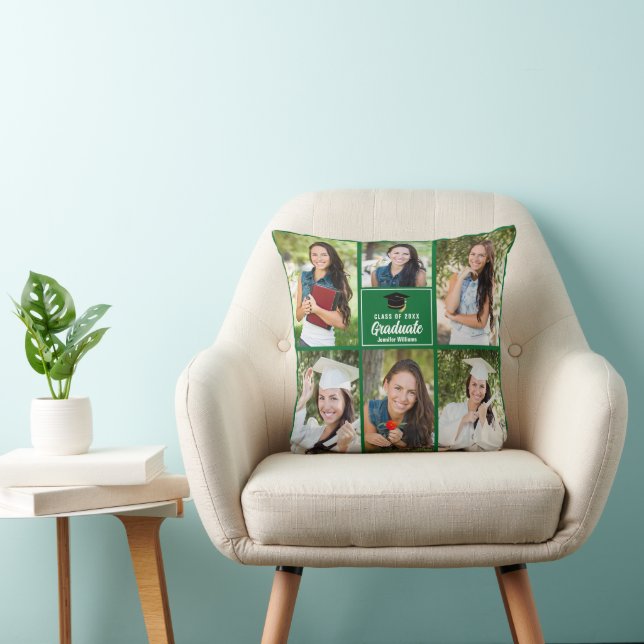 Green Graduate Photo Collage Custom Graduation Throw Pillow (Chair)