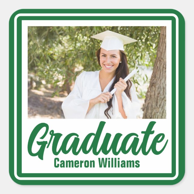 Green Graduate Photo Personalized Graduation Square Sticker (Front)
