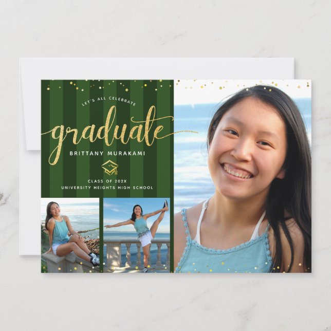 Green graduation 3 photo gold glitter script chic invitation (Front)