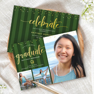 Green graduation 3 photo gold glitter script chic invitation