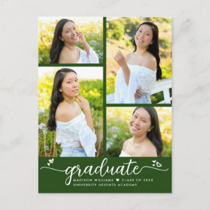 Green Graduation 4 Photo Modern Girly Script Heart Invitation Postcard