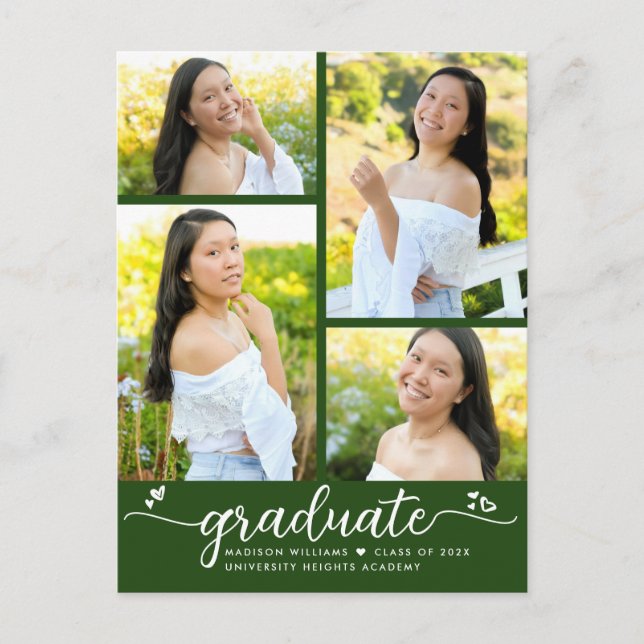Green Graduation 4 Photo Modern Girly Script Heart Invitation Postcard (Front)