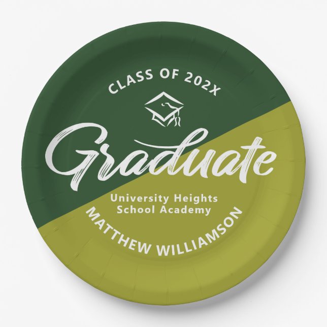 Green Graduation Bold Retro Script Cap Icon Simple Paper Plate (Front)