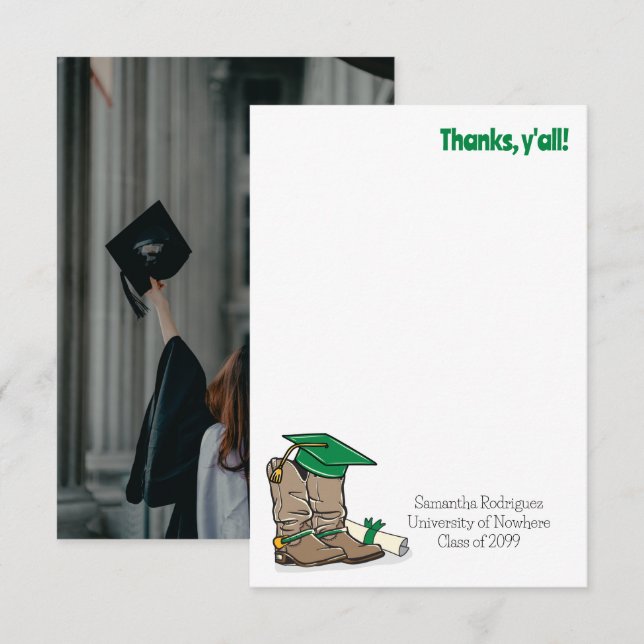 Green Graduation Cap and Cowboy Boot Thank You Card (Front/Back)