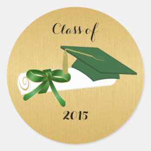 Green Graduation Cap and Diploma With Gold Classic Round Sticker