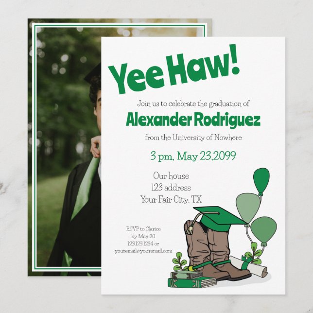 Green Graduation Cap Cowboy Boot Arrangement Invitation (Front/Back)