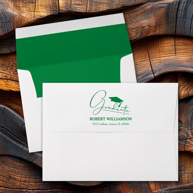Green Graduation Cap Return Address  Envelope (Green graduation cap, printed lining and FREE return address envelopes)