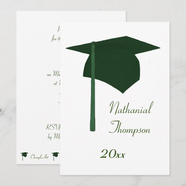 Green Graduation Cap & Tassel Invitations (Front/Back)