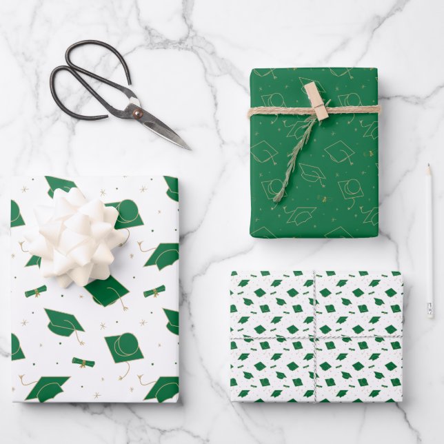 Green Graduation Cap Toss Wrapping Paper Sheet (Front)