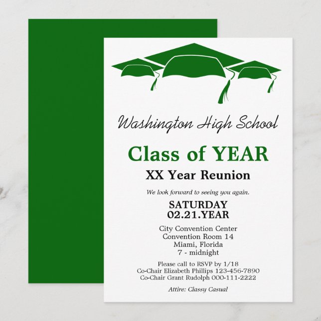Green Graduation Caps Class Reunion Template (Front/Back)