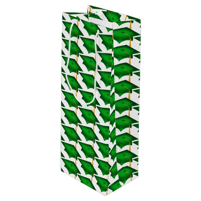 green graduation caps with gold tassel wine gift bag (Front Angled)