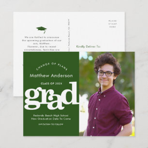 Green graduation change of plans bold typography invitation postcard