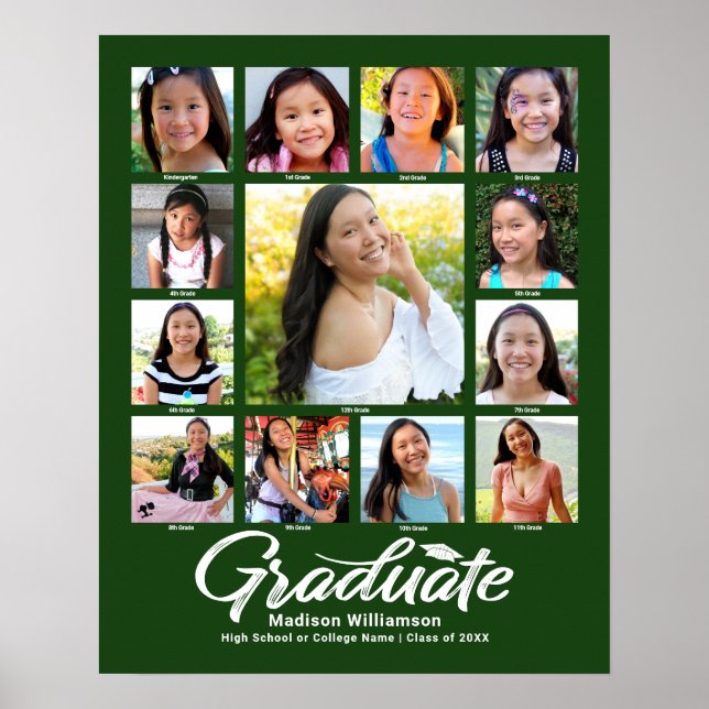 Green Graduation K–12 Photo Collage Script Modern Poster (Front)