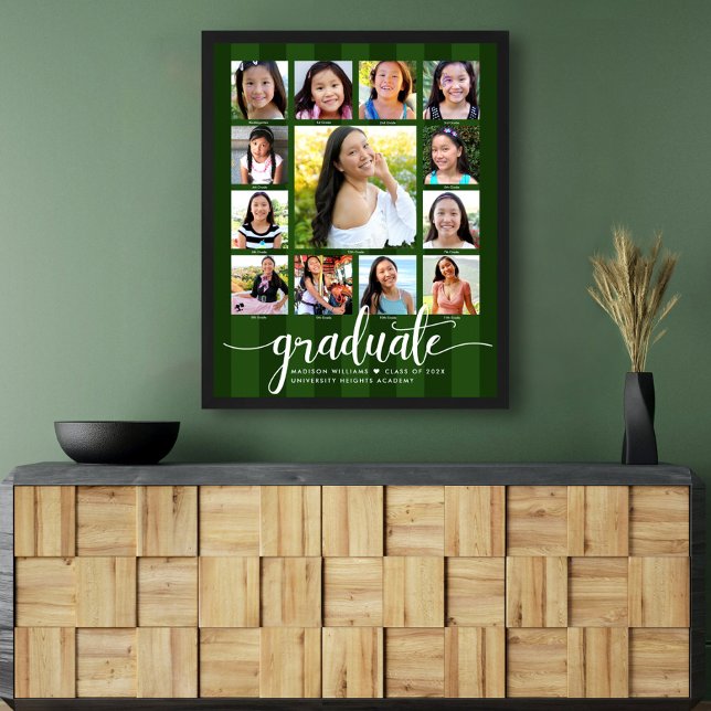 Green Graduation K–12 Photo Collage Stripes Script Poster (Choose from 6 color combos!)