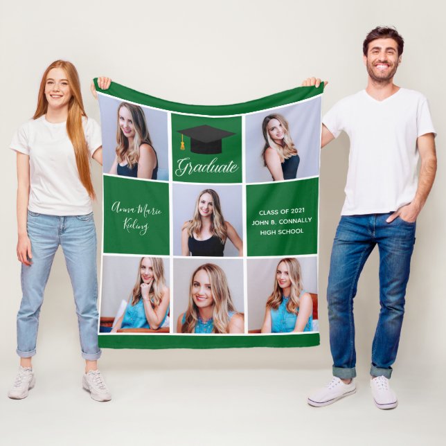 Green Graduation Senior Photo Collage Custom Fleece Blanket (In Situ)