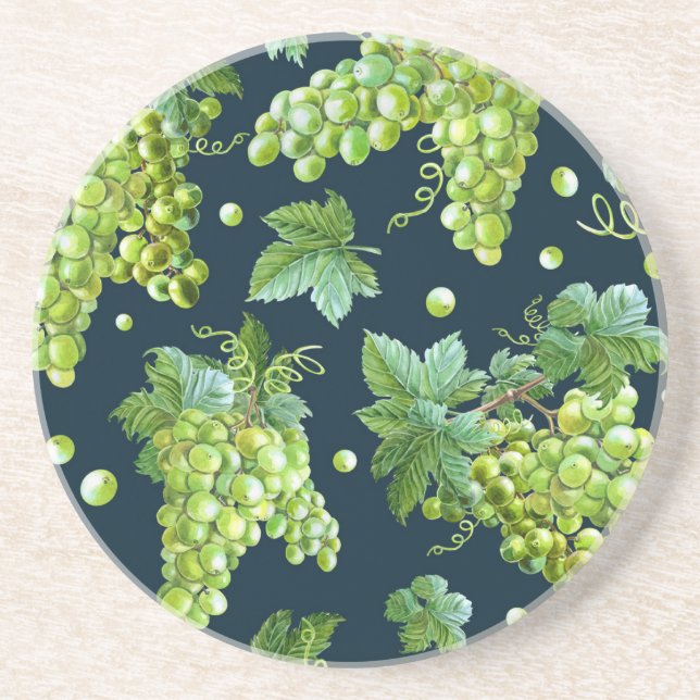 Green Grape: Watercolor Dark Pattern Coaster (Front)