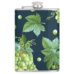 Green Grape: Watercolor Dark Pattern Hip Flask