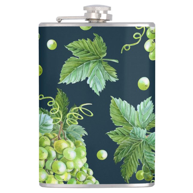 Green Grape: Watercolor Dark Pattern Hip Flask (Front)