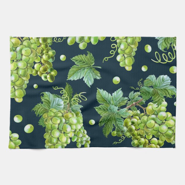 Green Grape: Watercolor Dark Pattern Kitchen Towel (Horizontal)