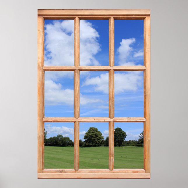 Green Grass, Trees and Blue Sky Faux Window View Poster (Front)