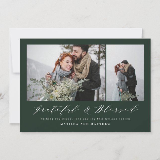 Green grateful & blessed modern script Christmas Holiday Card (Front)