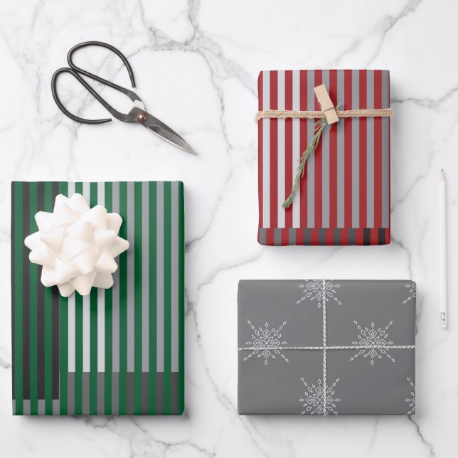 Green, Gray, Black, White Stripes Wrapping Paper Sheet (Front)