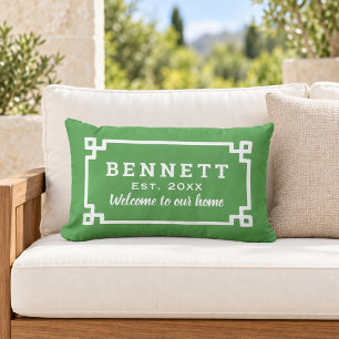 Green Greek Key Monogram Welcome Lumbar Pillow