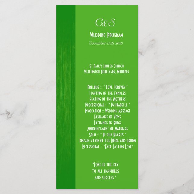 Green/Green Wood Grain Wedding Programs (Front)
