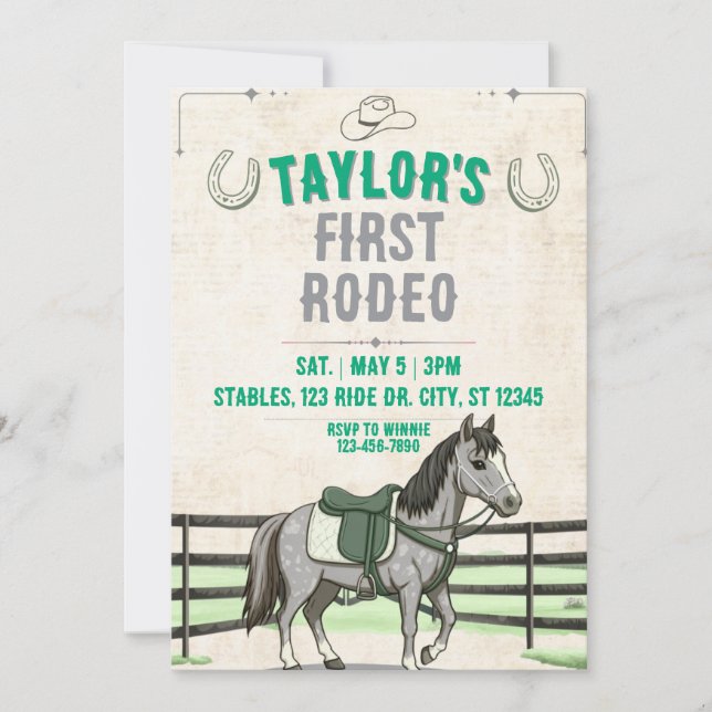Green Grey 1st Rodeo with horse birthday Invitation (Front)