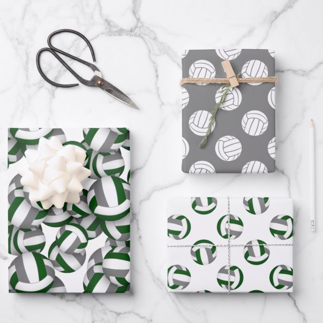 green grey 3 pc coordinating volleyball patterns wrapping paper sheet (Front)
